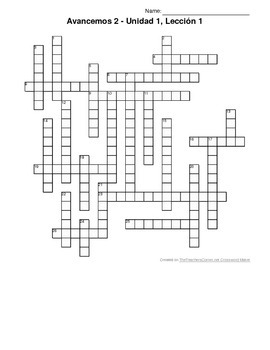 Avancemos 2, Unit 1 Lesson 1 (1-1) Crossword Puzzle by ...
