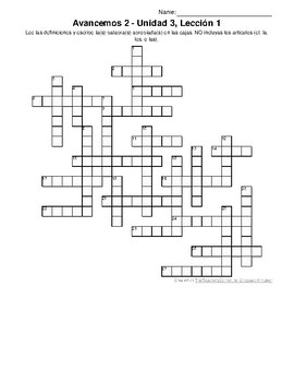 Avancemos 2, Unit 3 Lesson 1 (3-1) Crossword Puzzle by Senora Payne