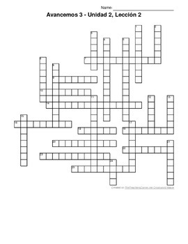 Avancemos 3, Unit 2 Lesson 2 (2-2) Crossword Puzzle by ...