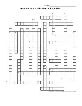Avancemos 3, Unit 3 Lesson 1 (3-1) Crossword Puzzle by Senora Payne