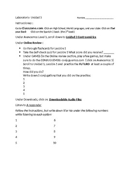 Preview of Avancemos 3 Unit 3 Lesson 1 Lab worksheet  for Online work