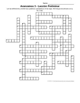 Avancemos Level 3, Lección Preliminar Crossword Puzzle by Senora Payne
