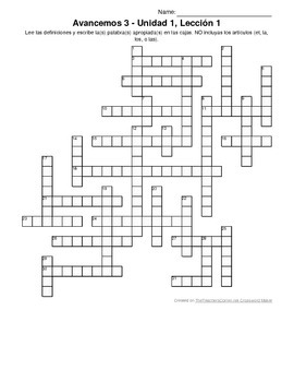 Avancemos Level 3 Unit 1 1 Crossword Puzzle By Senora Payne Tpt