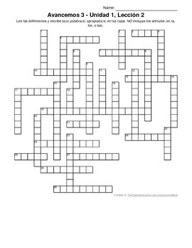 Avancemos Level 3, Unit 1-2 Crossword Puzzle by Senora Payne | TPT