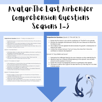Preview of Avatar The Last Airbender Comprehension Questions Seasons 1-3