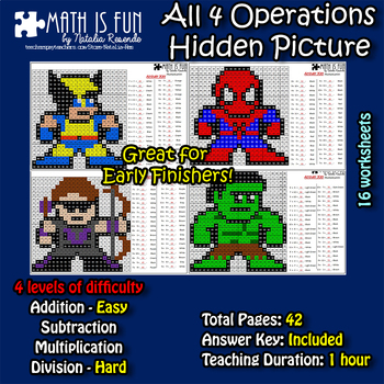 Avengers 1- Mystery Picture - 4 operations - Four level difficulty