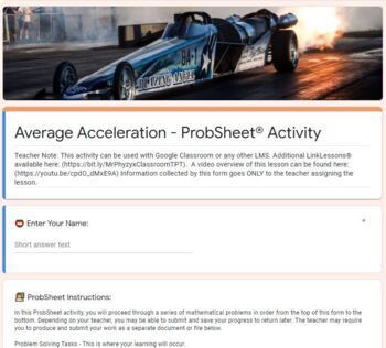 Preview of Average Acceleration ProbSheet® - Online Distance Blending Learning Activity