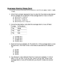 Preview of Average Atomic Mass Quiz