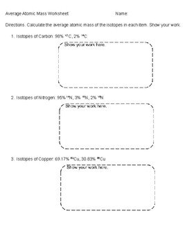 Preview of Average Atomic Mass Worksheet Printable and Digital Worksheet with Answer Key