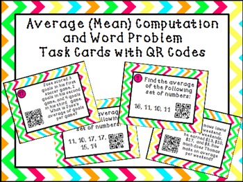 Preview of Average (Mean) Computation and Word Problem Task Cards with QR Codes
