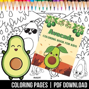 Preview of Avocado coloring pages. Real Avocado and Kawaii, Print PDF