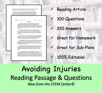 Preview of Avoiding Injury - Reading Passage and x 10 Questions (EDITABLE)