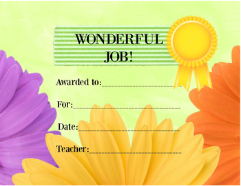 Preview of Award Certificate Flower Theme, orange yellow purple, Wonderful Job