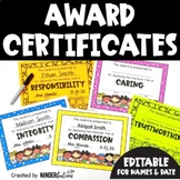Award Certificates | End of Year | Character Traits