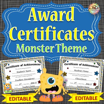 Preview of Award Certificates - EDITABLE - Monsters Theme Certificates of Achievement