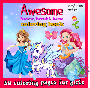 Preview of Awesome Princess Coloring page with Mermaids, Unicorns & Cute Animals for Girls