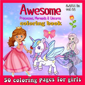 Preview of Awesome Princess Coloring page with Mermaids, Unicorns & Cute Animals for Girls