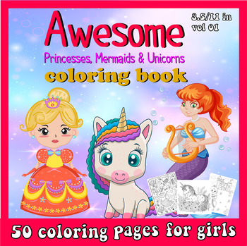 Preview of Awesome Princess Coloring page with Mermaids, Unicorns & Cute Animals for Girls