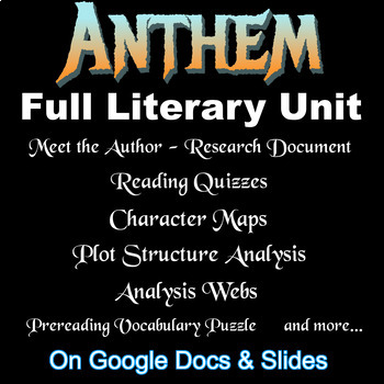 Preview of Ayn Rand's ANTHEM -- FULL LITERARY UNIT (Quizzes, Character, Plot Maps, etc.)