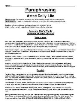 Preview of Aztec Daily Life Worksheet (English & Portuguese)