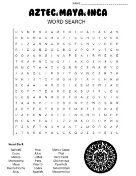 Preview of Aztec, Maya, Inca Word Search with Answer Key
