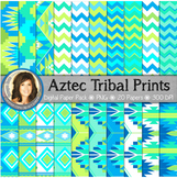 Aztec Tribal Print Digital Background Paper {Blue, Green & Teal}