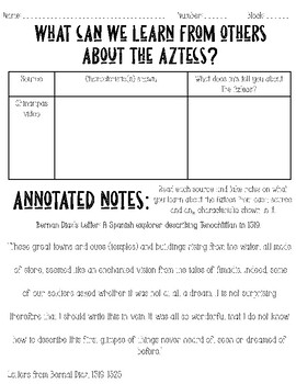 Aztec artifacts DBQ- 5th grade Louisiana Scope and Sequence Unit 1 Topic 2