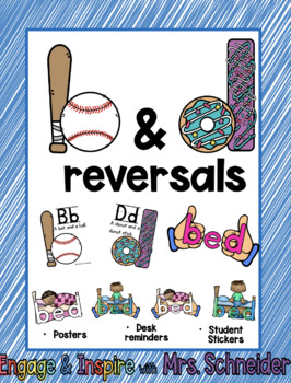 Preview of B & D Reversal Posters, Student Desk Cards, & Student Stickers