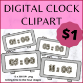 B&W Digital Clocks Clip Art , Telling Time to the Hour $1 DEAL