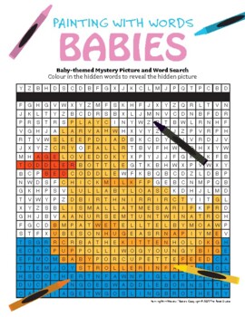 Preview of BABIES Reading Vocabulary Word Search Mystery Picture to Color