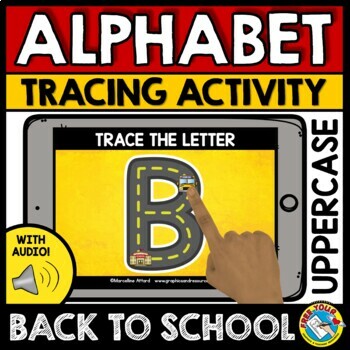 Preview of BACK TO SCHOOL BOOM CARDS ALPHABET ACTIVITY UPPERCASE LETTER TRACING FORMATION