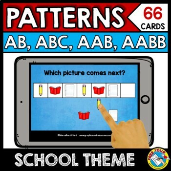 Preview of BACK TO SCHOOL BOOM CARDS PATTERNING 1ST GRADE AUGUST KINDERGARTEN MATH GAME