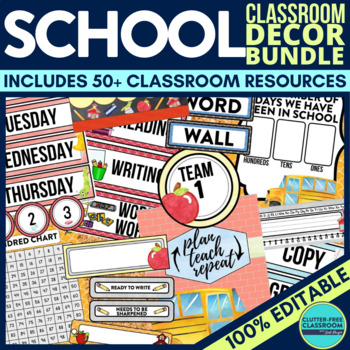 Preview of BACK TO SCHOOL Classroom Decor Bundle SCHOOL SUPPLIES Theme Decorations Editable