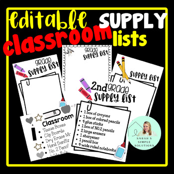 Preview of BACK TO SCHOOL Classroom and Student Supply Lists {EDITABLE}