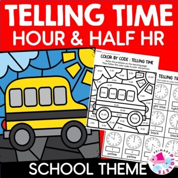 Preview of Back to School Color by Number Code Telling Time to the Hour and Half Coloring