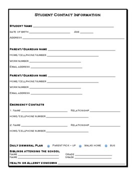 emergency contact form teaching resources teachers pay teachers