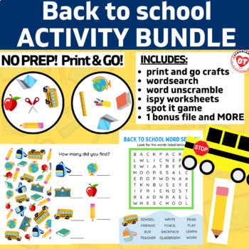 Preview of BACK TO SCHOOL WORKSHEET ACTIVITY BUNDLE (crafts, ispy, games) no prep