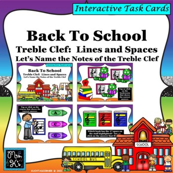 Preview of BACK TO SCHOOL: TREBLE CLEF LINES/SPACE - InteractiveCards Distance Learning PPT