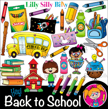 Preview of BACK TO SCHOOL Yay! Clipart. BLACK AND WHITE & Color Bundle. {Lilly Silly Billy}