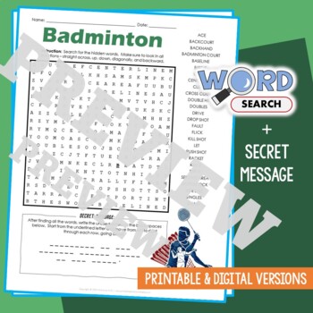 Preview of BADMINTON Word Search Puzzle Activity Vocabulary Worksheet Secret Message