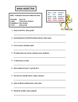 Preview of BAGS adjectives worksheet in French