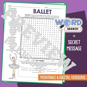 Preview of BALLET Word Search Puzzle Activity Vocabulary Worksheet With Secret Message