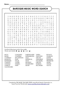 BAROQUE MUSIC WORD SEARCH by The Music Teacher Store | TpT