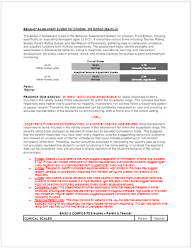 Preview of BASC-3 Adolescent (PRS, TRS, SRS) Template, with in-depth scale descriptions