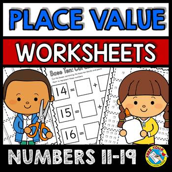 Preview of PLACE VALUE WORKSHEETS TEEN NUMBERS PRACTICE CUT & PASTE ACTIVITY PACKET NO PREP