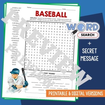 Preview of BASEBALL Word Search Puzzle Activity Vocabulary Worksheet Secret Message