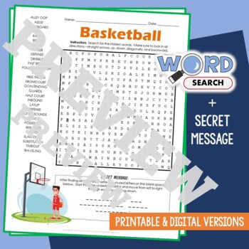 Preview of BASKETBALL Word Search Puzzle Activity Vocabulary Worksheet Secret Message