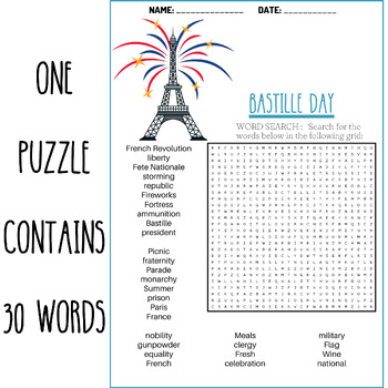 BASTILLE DAY word search puzzle worksheets activities TPT