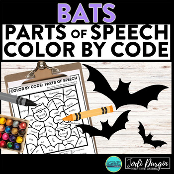 Preview of BATS color by code HALLOWEEN coloring page PARTS OF SPEECH worksheet