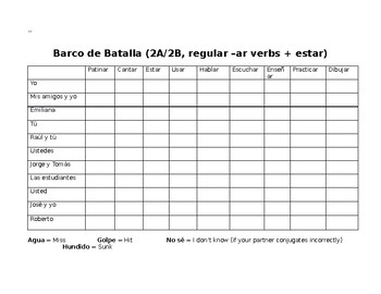Preview of BATTLESHIP! Present tense -ar verb conjugations Spanish I Realidades 1 2a 2b